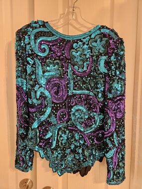 Embellished Turquoise & Purple Long-Sleeve Sequin Top